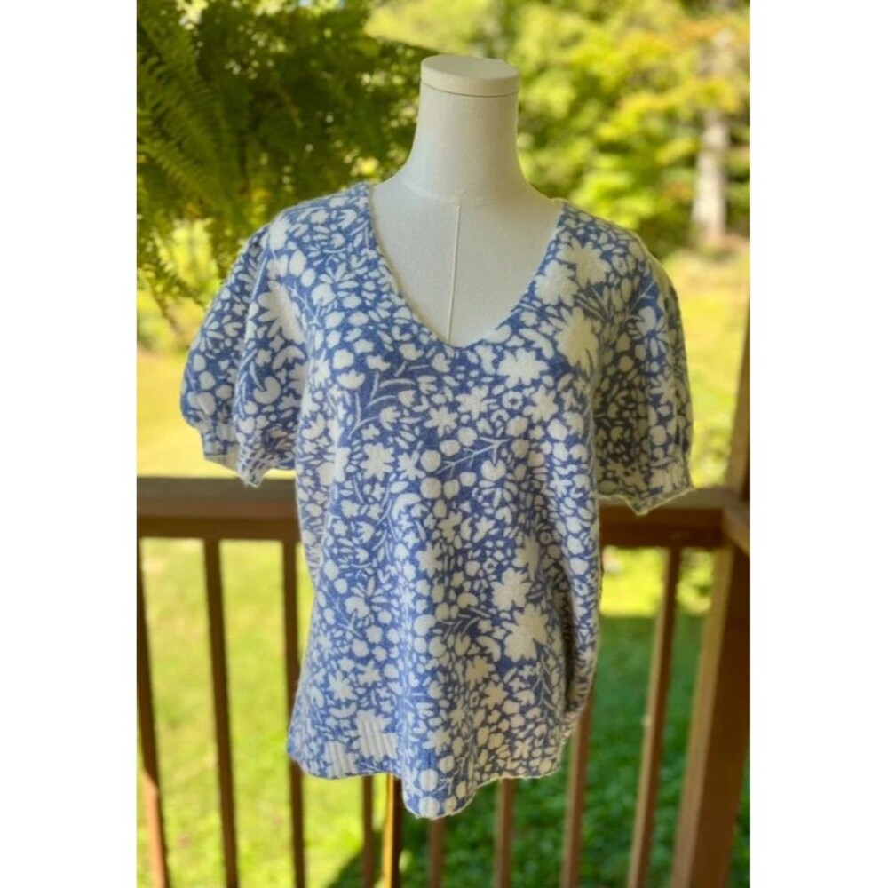 Boden NWT Blue & Cream Floral Wool Alpaca Puff Sleeve Sweater L